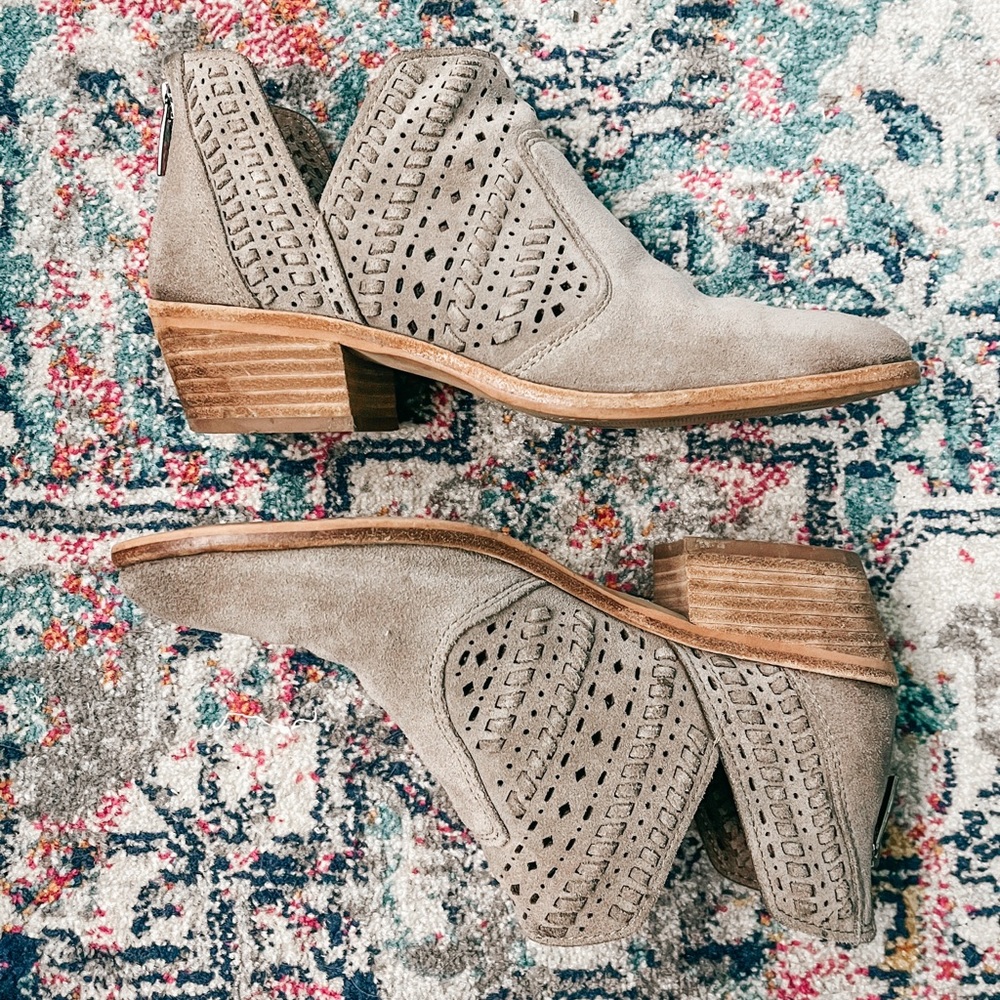 vince camuto taupe suede booties with wooden stack heel - size 8